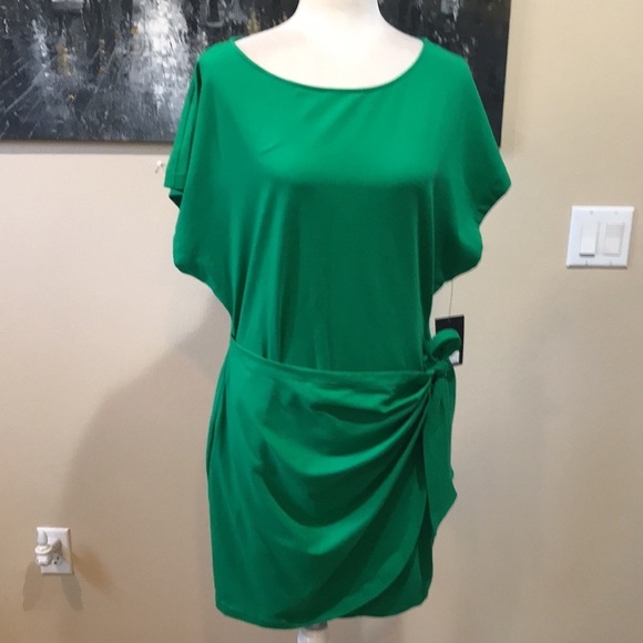DKNY Green Cotton Blend Faux Wrap Dress with Oversized Top and Side Tie-L - Picture 1 of 13